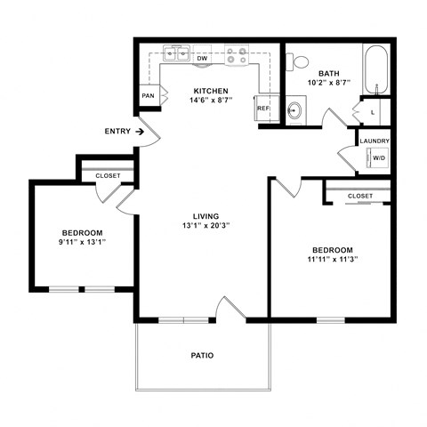 A floor plan of a home with a living room, two bedrooms, a kitchen, a bathroom, a laundry room, and a patio.